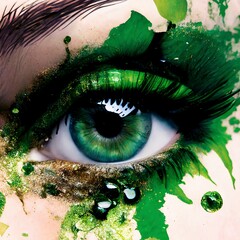 A close-up shot of an eye with dramatic green eyeshadow and falsies