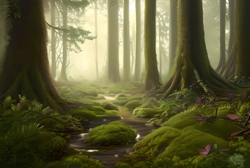 Dawn in the Mist: A Serene Forest Landscape with Lush Trees and Tranquil Streams, generative ai