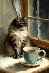 Cat with a cup of coffee, vintage oil painting, ai generative