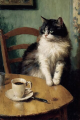 Cat with a cup of Coffee vintage painting