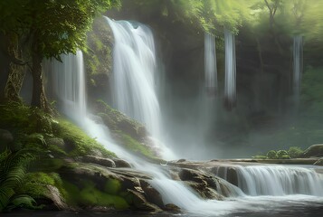 Fototapeta premium A beautiful waterfall background, foliage, rocks trees, generative ai, 3:2