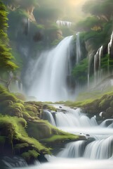 A large multi-tiered waterfall in the forest, water, rock, trees, generative ai, 2:3