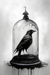 Black crow in a bell glass cover, ai generative