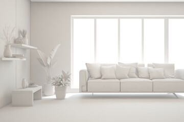 White minimalist living room with sofa. Scandinavian interior design. 3D illustration