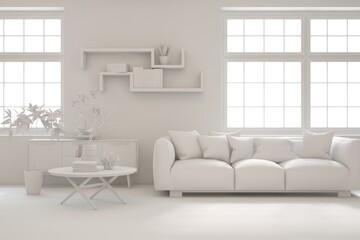 Fototapeta premium White minimalist living room with sofa. Scandinavian interior design. 3D illustration