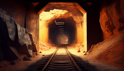 A coal mine underground ore tunnel with rails, mining industry. Generative Ai.