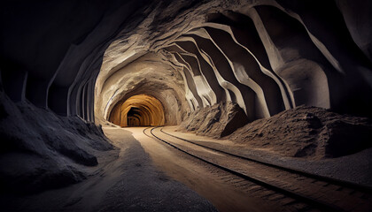 A coal mine underground ore tunnel with rails, mining industry. Generative Ai. - obrazy, fototapety, plakaty