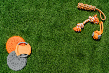 Set of orange rag and rubber toys for dogs on synthetic grass, layout, hard light