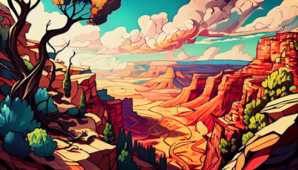 Astonishing landscape artwork, Fusion between Cell-shading And Alcohol ink, Grand Canyon High Angle View. Generative Ai.