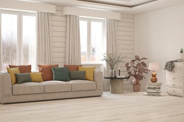 White living room with sofa and winter landscape in window. Scandinavian interior design. 3D illustration