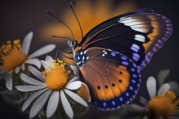 Fototapeta na wymiar Beautiful butterfly on a flower on sunflowers. Generative Ai.