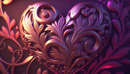 Happy valentines day with ornate pattern and abstract heart loves, vines, pink and iridescent lights, purple, soft pink, red abstract background. Generative Ai.