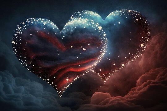 Happy Valentines day with love, heart in the night clouds, sky, stars for abstract background. Generative Ai.