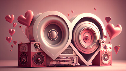 Valentine's Day love with music, stereo, red bright pink heart element decoration. Generative Ai.