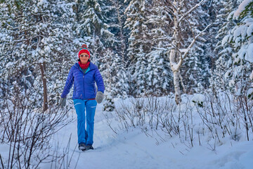 Fototapeta na wymiar nice and active senior woman snowshoeing in deep powder snow in the mountains of the Bregenz Forest Alps near Sulzberg, Vorarlberg, Austria