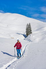 Fototapeta na wymiar nice and active senior woman snowshoeing in deep powder snow in themountains of the Allgau alps near Balderschwang, Bavaria, Germany 