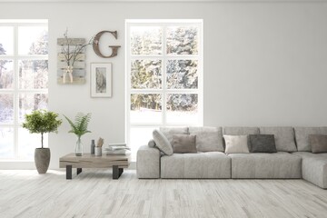 White living room with sofa and winter landscape in window. Scandinavian interior design. 3D illustration