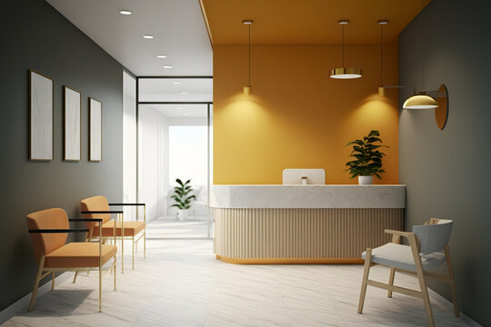contemporary doctor's office, with sleek lines and a warm color palette. The focal point of the image should be the reception desk, with a welcoming and professional atmosphere. Generative AI.