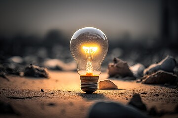 Close up, light bulb on cemented ground. AI Generative