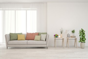 White living room with sofa. Scandinavian interior design. 3D illustration