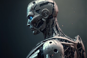 Obraz na płótnie Canvas 3D rendering humanoid robot in futuristic space. Technology and future concept.