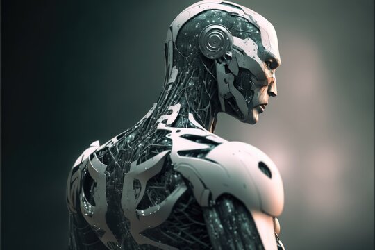 3d render of cyborg or robot with head and arms.