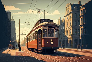 cartoon illustration, a tram on a city street,generative ai
