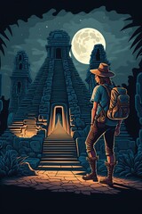 cartoon illustration, traveler in the night aztec city with pyramids and statues, ai generative