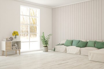 White living room with sofa and winter landscape in window. Scandinavian interior design. 3D illustration