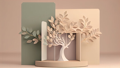 3D display podium pastel beige background with pedestal color stand