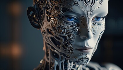 Artificial intelligence, a humanoid cyber android with a neural network thinks. Artificial intelligence with a digital brain is learning to process big data. AI
