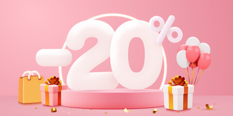 20 percent Off. Discount creative composition. Sale symbol with decorative objects, balloons and gift box. Sale banner and poster.