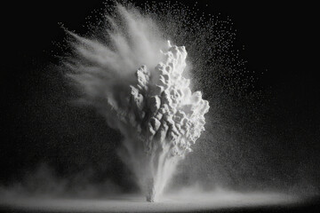 White dust eruption in slow motion against a dark background. halting the motion of the white powder on the black background. White powder for explosives against a black background. Generative AI