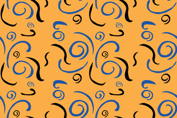 Blue and black lines and spirals on yellow background. Seamless pattern for different uses. Vector with beautiful contrast.