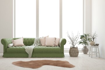 White living room with sofa. Scandinavian interior design. 3D illustration