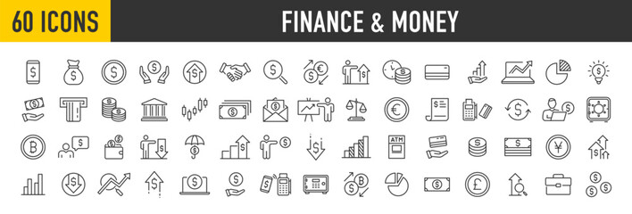Set of 60 Finance and Money web icons in line style. Money, bank, profit, finance capital, payment, auction, exchance, wallet, deposit infographic. Icon collection. Vector illustration.