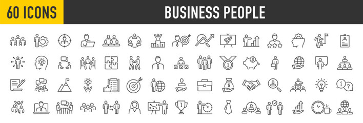 Fototapeta na wymiar Set of 100 Business People icons in line style. Team, business people, human resources, collaboration, research, meeting, partnership, support, businessman. Collection. Vector illustration.
