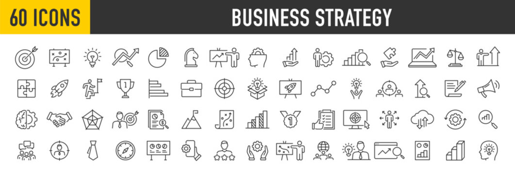 Set of 60 Business Strategy web icons in line style. Srtategy, startup, teamwork, people, plan, payment, management, target, employee, infographic. Icon collection. Vector illustration.