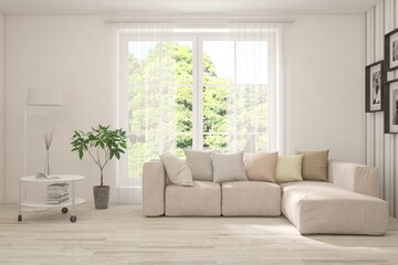 White living room with sofa and summer landscape in window. Scandinavian interior design. 3D illustration