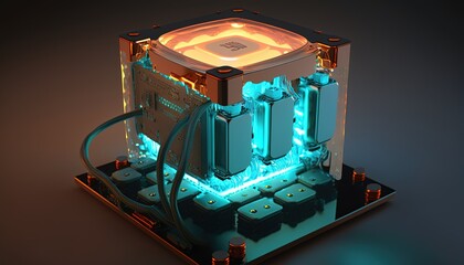 Glowing liquid cooled futuristic hyper fast computer cpu. Generative AI