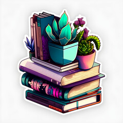 Bookshelf, stack of books, houseplants, sticker design Generative AI	