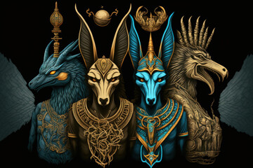 Ancient Egyptian deities in a dark gothic, biomechanical style, including Anubis, who appears as two enormous wolf skulls and ribs with a crown on top, and RA, who appears as a bird in the smoke at th