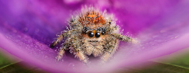 Colorful jumping spider close up. Macro photography. Portrait of spider with water drops.