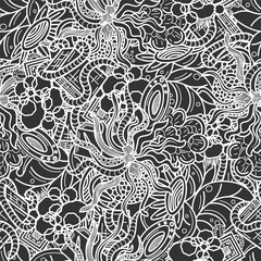 seamless vector wallpaper with plant abstractions and fictional objects. monochrome background image