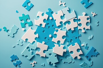 Unfinished white jigsaw puzzle pieces on blue background