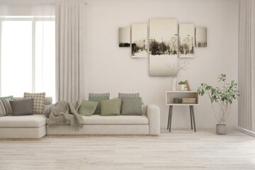 White living room with sofa. Scandinavian interior design. 3D illustration