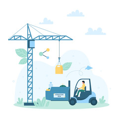 Obraz na płótnie Canvas Charity delivery vector illustration. Cartoon tiny people loading donation boxes of humanitarian aid with forklift and construction crane, volunteers work on distribution and storage organization