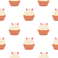 Seamless pattern with delicious cupcake in cartoon style. Vector background with sweets, dessert, pastries