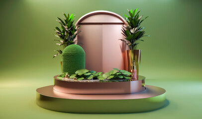 white marble pedestal steps in center with abstract  layout on pink background and tropical plant.  minimalistic abstract background concept for product placement. Minimal fashion mockup.generative ai