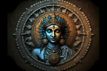 Fototapeta na wymiar Krishna statue illustration in background of a mandala